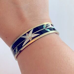 Vintage alpaca silver cuff bracelet with mother of pearl inlay